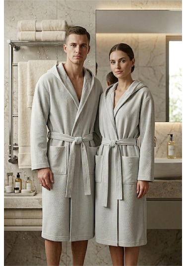 Soft Comfort Lacost Örgü Unisex Kapüşonlu Bornoz Gri