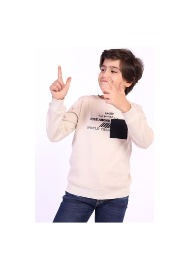 Toontoy Erkek Çocuk Cep Detaylı Baskılı Sweatshirt Bej