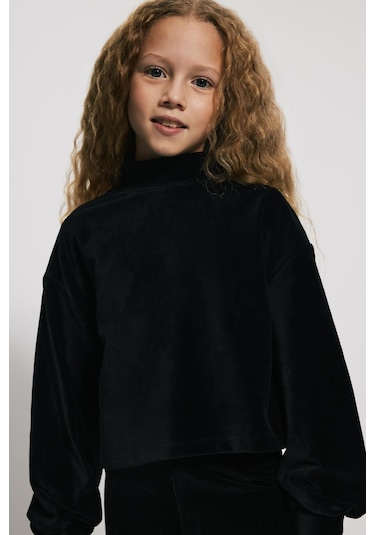 Kids Girl Dik Yaka Kadife Siyah Sweatshirt Siyah