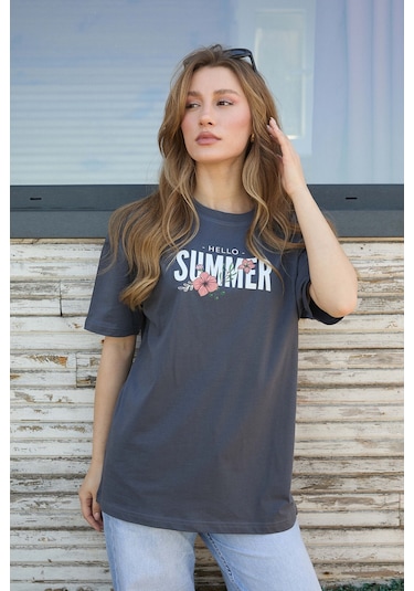 Velvoria Unisex Oversize Relaxed Summer Baskılı Antrasit Renk T-shırt