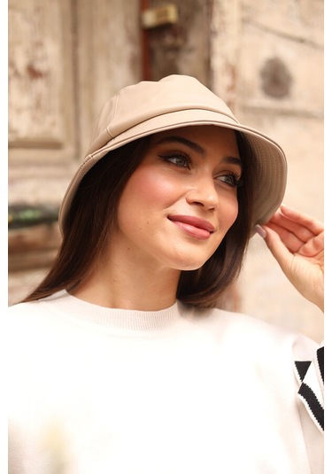 Kadın Deri Bucket Şapka Rkş-02 Bej Bej