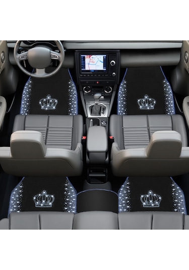 Kristal Taşlı Taç Desenli Işıltılı 5 Li Araç Oto Halı Paspas Seti Lüks & Şık Araç İçi Tasarım