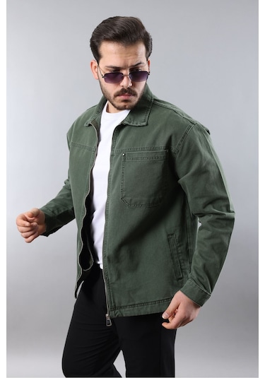 Erkek Regular Fit Haki Spor Model Fermuarlı Kot Ceket Haki