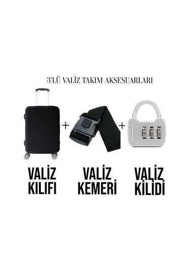 3'lü Büyük Boy Valiz Aksesuarı Kılıf Kemer Kilit 8683255012541 Siyah
