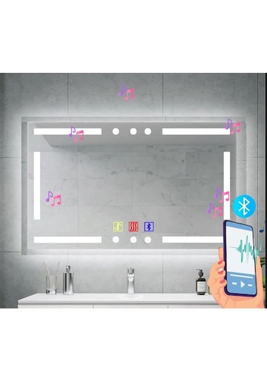 120x80 H Cm Bluetoothlu Buğu Çözücülü Dokunmatik Işıklı Kumlamalı Banyo Aynası