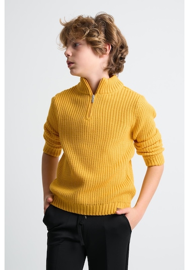 Alexandergardı Dik Yaka Fermuarlı Erkek Çocuk Kazak C23-7108 Hardal