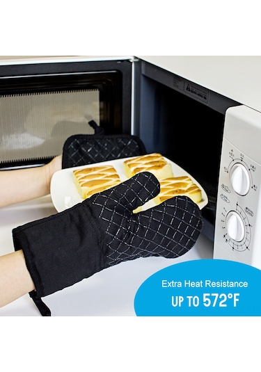 Geeksen 30 Cm Siyah Silikon Izgara Eldiveni Ve 2 Adet Isı Koruyucu Tutucu, Pamuk + Silikon Malzeme, 4'lü Set Çok Renkli