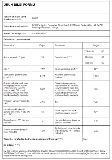 Bosch SMS26DW00T 6 Programlı 13 Kişilik Bulaşık Makinesi