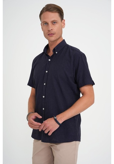 Comfort Fit Düğme Yaka Kısa Kol %100 Keten Düz Lacivert Gömlek G 1596 Lacivert