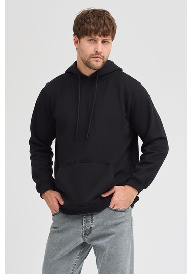 Erkek Siyah Standart Fit Normal Kesim Içi Polarlı 3 Iplik Kapüşonlu Pamuklu Sweatshirt Siyah