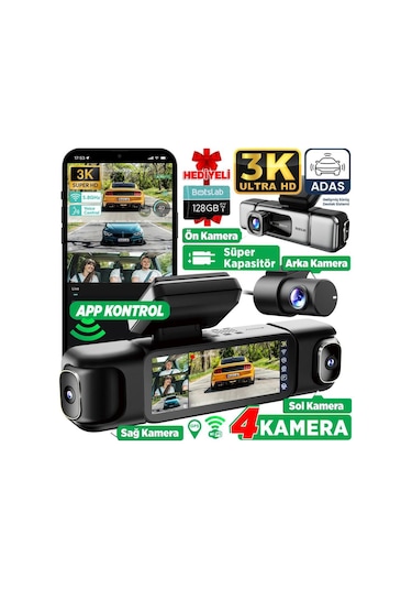 360+ Botslab G980h Pro 3k 4 Kameralı Wifi+gps Akıllı Araç İçi Kamera +150 Geniş Açı+yaya Algılama+gece Görüşlü 128gb Hafıza Kartı