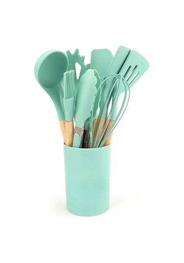 Kangvka Ahşap Saplı Silikon Mutfak Gereçleri 12'li Set - Tencere Uyumlu, Yıkama Kolay, Organize Depolama Kova İle Pembe Diğer