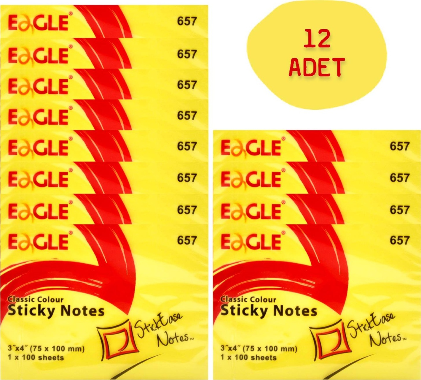 Eagle 75x100 MM Klasik Renk Yapışkanlı Not Kağıdı 100 Yaprak Sarı 657 12 Adet