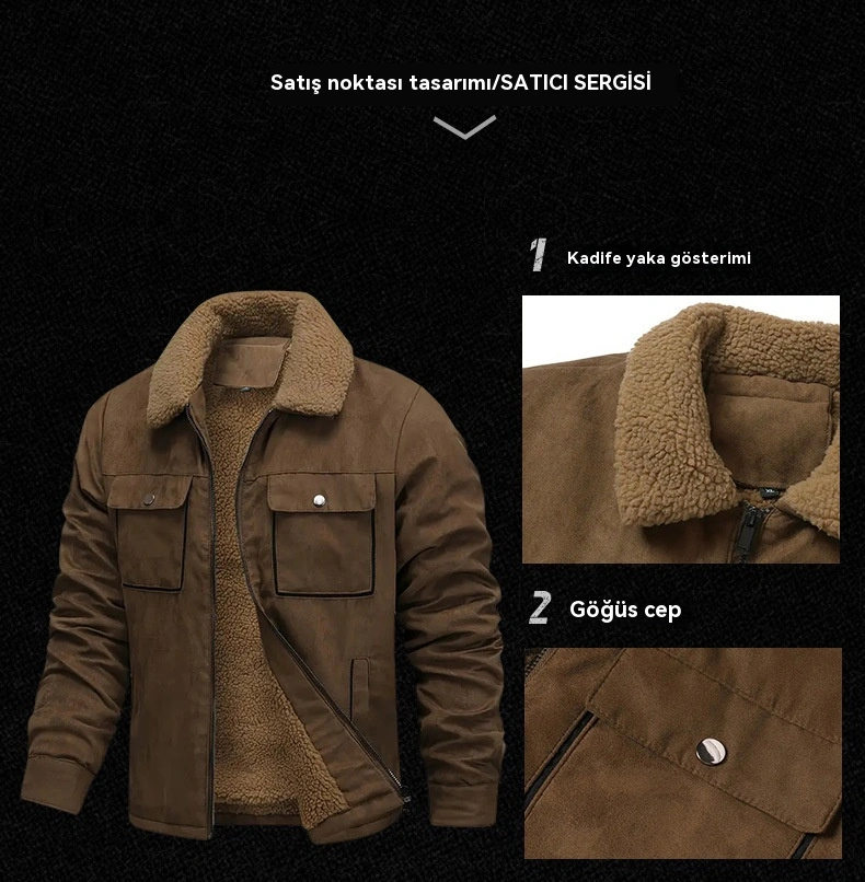 Kışlık Erkek Süet Ceket Yüksek Kaliteli Erkek Ceket Artı Kadife Kuzu Derisi Pamuklu Ceket Gri