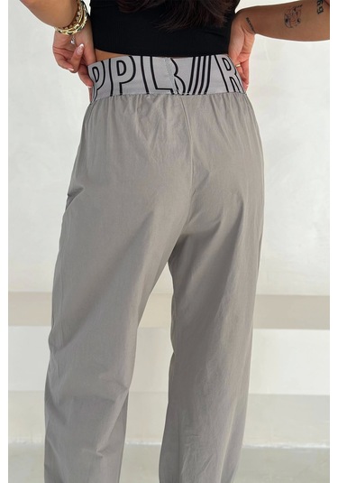 Yıkamalı Gabardin Lastikli Pantolon Gri
