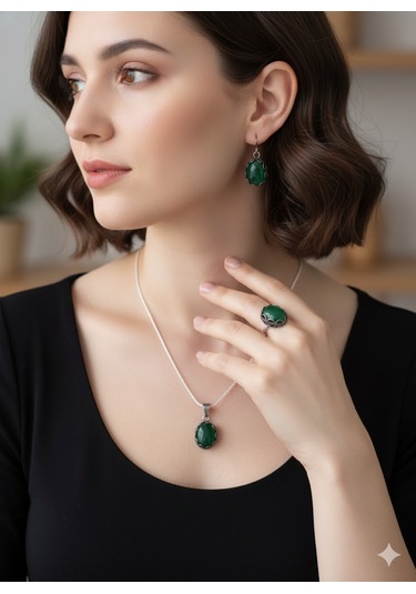 Yeşim Taşlı Gümüş Set Bronz