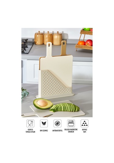 4'lü Tezgah Üstü Standlı Kulplu Kesme Tahtası - Çoklu Doğrama Tahtası Ekmek Sebze Et Kesim Panosu Bej