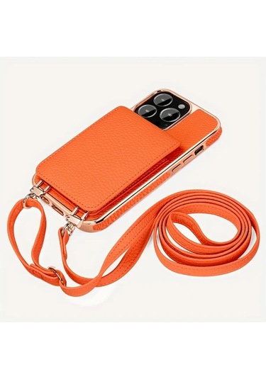 Turcoshop11 İphone 16 Promax İçin Siyah Yapay Deri Çapraz Telefon Kılıfı Kart Yuvası Askı Ve Ayak