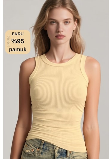 Mrmpro Kadın Lacivert Fitilli Görünümlü Kalın Askılı Basic Atlet Body %95 Pamuk Ekru