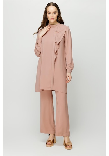 Volan Detaylı Pantolon Tunik Takım Pudra-pudra Pudra