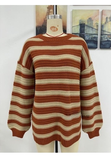 Tongxida White Knit Cardigan For Plus Size Women, Fall/winter, Striped, Loose Fit, Round Neck, Long Sleeve Beyaz