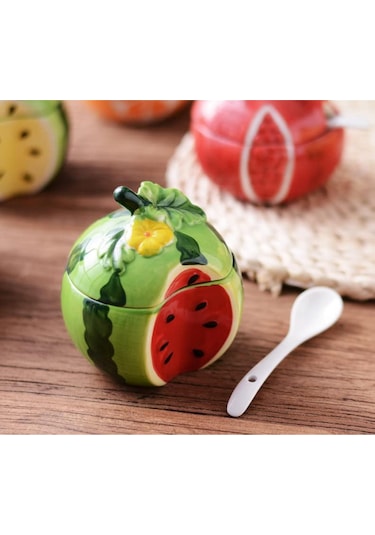 Geeroyoo Kırmızı Meyve Desenli Seramik Baharat Kavanozu Kapak Ve Kaşık İle - 230 Ml, Ev/cafe/parti İçin Malzeme Saklama Kabı Yeşil