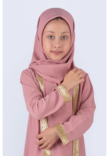 Eşarplı Ferace Medine İpek Kumaş Kız Çocuk Pembe