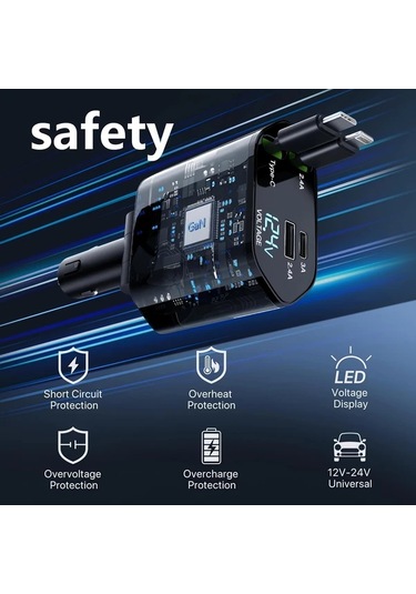 Oldfriend Gri 4'ü 1 Arada Araç Şarj Cihazı 80cm Usb Type-c Hızlı Şarj 180 Dönebilir