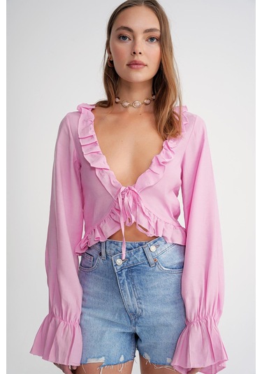 4712 Kadın Volanlı Modal Bolero Bluz Pembe Pembe