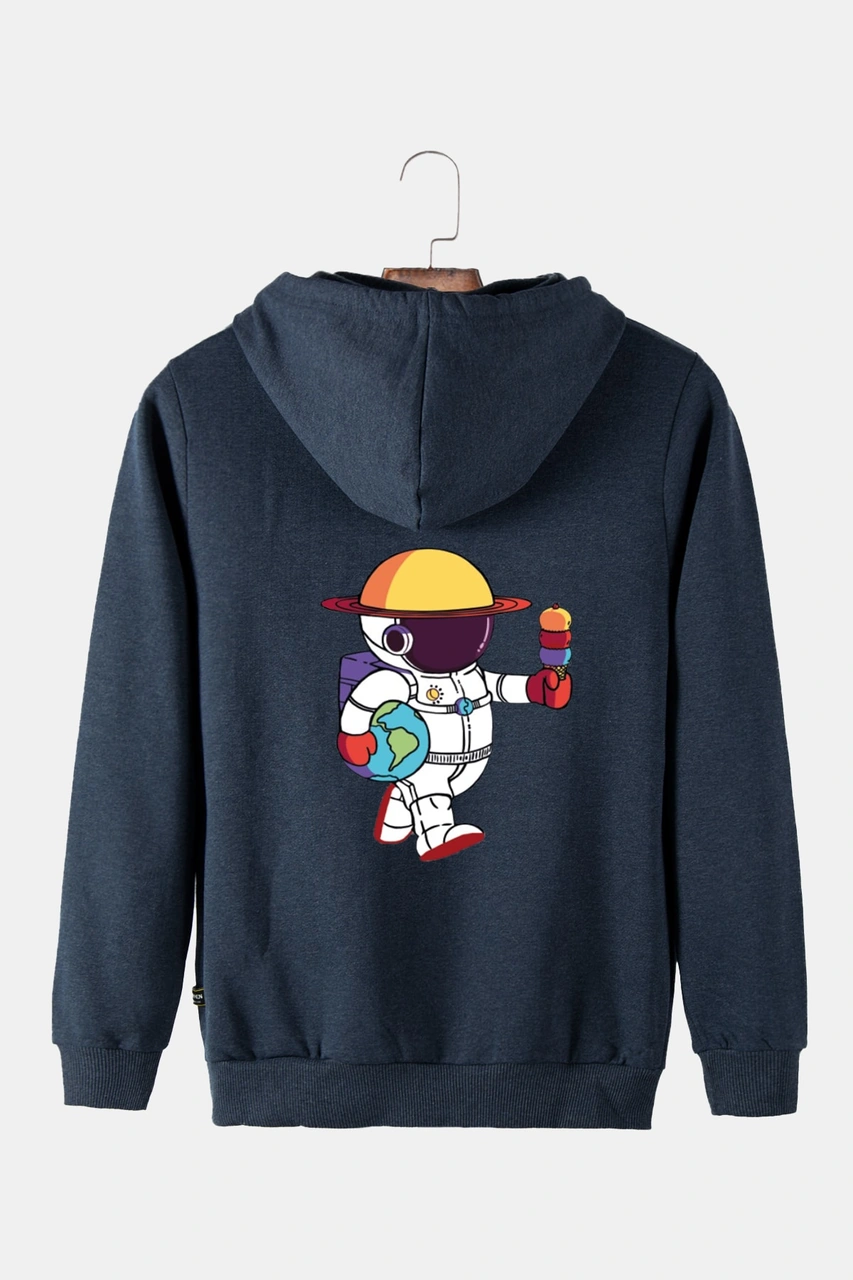 Unisex Indigo Kapüşonlu Arkası Astronot Baskılı Slim Fit Kanguru Cepli Sweatshirt İndigo