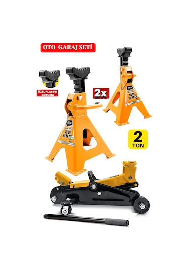 2ton/2000kg Kapasite Tekerlekli Kriko + Sehpa Tip Kriko Garaj Set