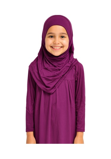 Penye Kendinden Başörtülü Çocuk Namaz Elbisesi Mor/ 6-7-8 Yaş Mor