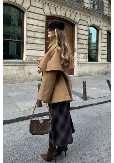 Camel Livia Pelerin Detaylı Kaşe Kaban Camel