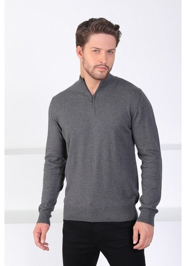 Ferraro Antrasit Dik Yaka Düz Renk Pamuk Erkek Kazak Antrasit