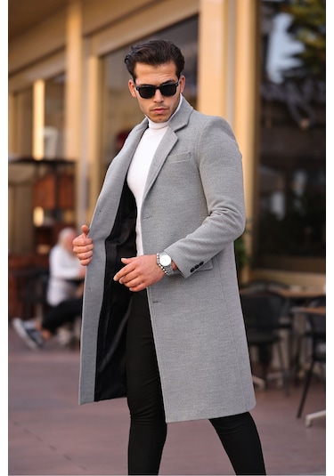 Erkek Açık Gri Dar Kesim Uzun Yün Karışımlı Kaşe Kaban Açık Gri