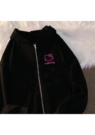 Hırsch Kadın Siyah Oversize Pembe Hello Kity Baskılı Hırka Koyu Siyah