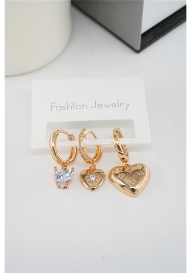 By Zeyna Aksesuar Kadın Vip Seri Zirkon Taşlı 3'lü Küpe-4116 Altın