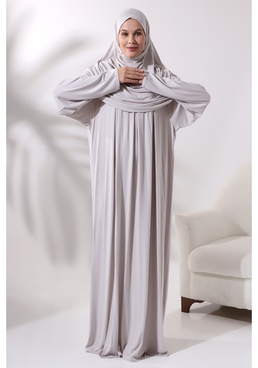 Tek Parça Pratik Başörtülü Robalı Namaz Elbisesi 8015 Taş Rengi 001