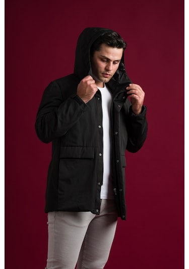 Slimfit Kapşonlu Çıtçıt Ve Fermuar Kapamalı Kapak Cepli Elyaf Dolgulu Astarlı Yan Cepli Uzun Mont 001