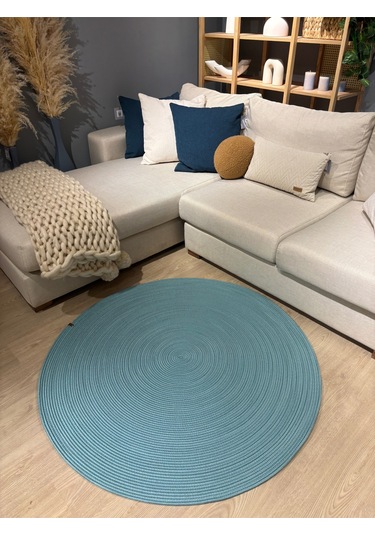 Jüt Yuvarlak Hasır Görünümlü Klasik Halı Kilim Turkuaz