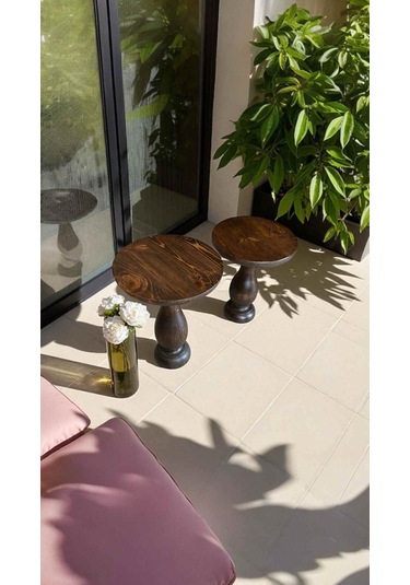 Doğal Ahşap Ceviz Mantar Sehpa 2 Li Set Şık Yan Sehpa Takımı