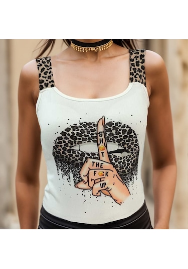 Etiler Collection Kadın Leopar Askılı Leopar Baskılı Mikro Kumaş Bluz Beyaz