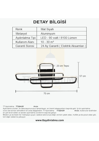 Tt324-sy Tt Ayd. Gün Işığı 57x17 Profil Mat Siyah 3lü Led Avize Siyah