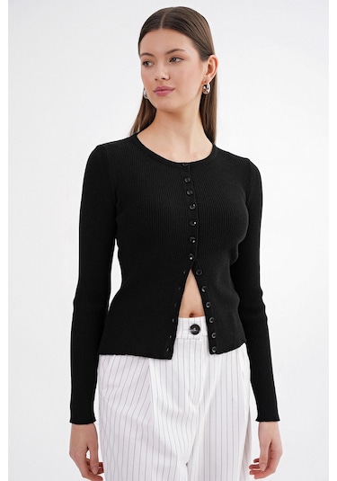 6931 Kadın Düğmeli Fitilli Triko Hırka Siyah Siyah