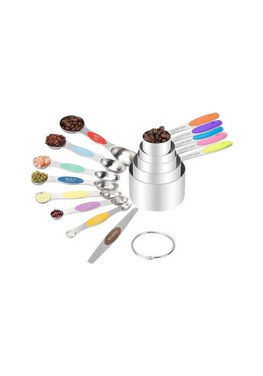 Ulzyvf Paslanmaz Çelik 13 Parça Ölçü Kaşığı & Kupası Seti - Kuru/sıvı İçin Manyetik Tutuculu Renkli Çok Renkli