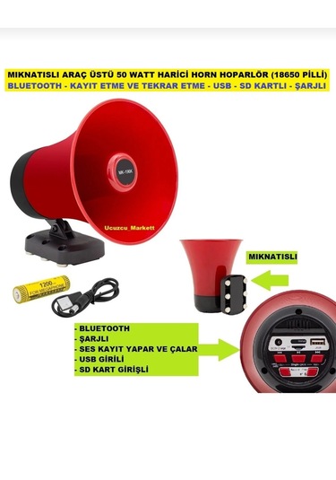 Araç Üstü Mıknatıslı Bluetooth'lu Usb'li Şarjlı 50 Watt Harici Hoparlör