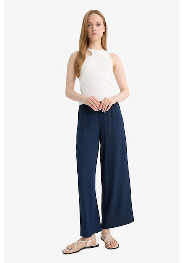 Defacto Beli Lastikli Düz Paça Bürümcük Pantolon F6166ax25smnv250 Lacivert