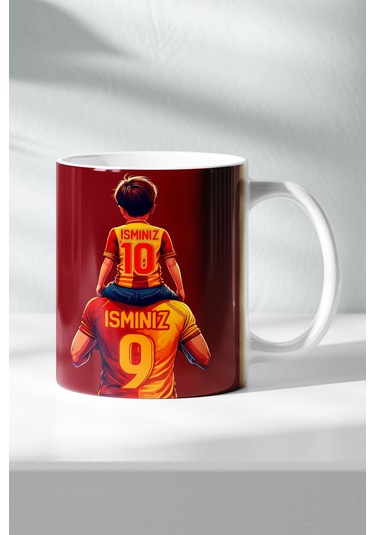 Kişiye Özel Sarı Kırmızı, Taraftar Baba Oğul, Aslan Figür Tasarımlı Baskılı Hediye Kupa Bardak Kırmızı