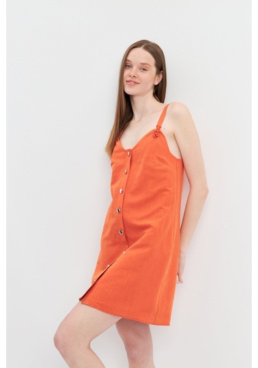 Stella Pulvis Turuncu Askılı Keten Mini Elbise Turuncu