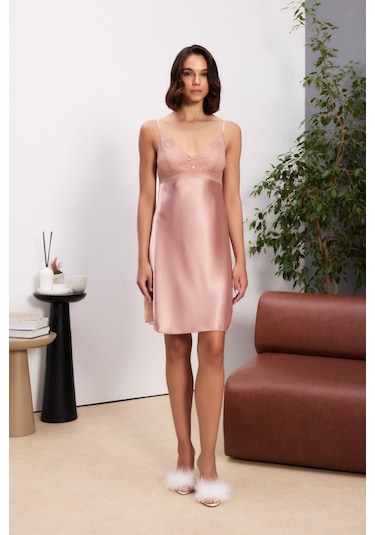 Pierre Cardin Brandy Saten Dantelli Kadın Gecelik Sabahlık Takımı 4510 Brandy